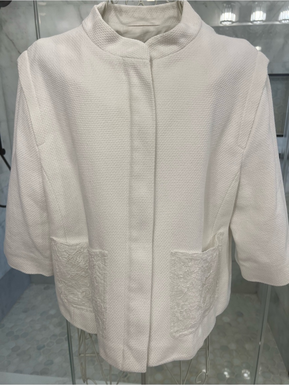Escada White Textured Open-Front Jacket with Lace Patch Pockets